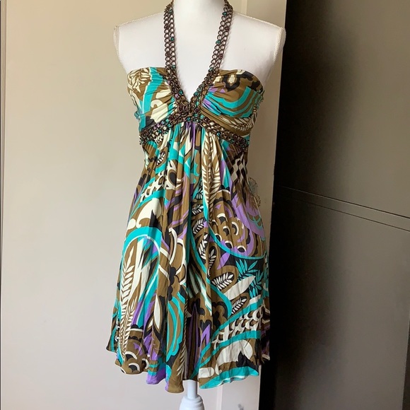 Sky 100% Silk Dress w/ Chain and Rhinestones - Picture 2 of 5